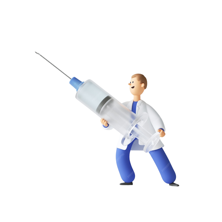 3d render doctor cartoon character holding big syringe