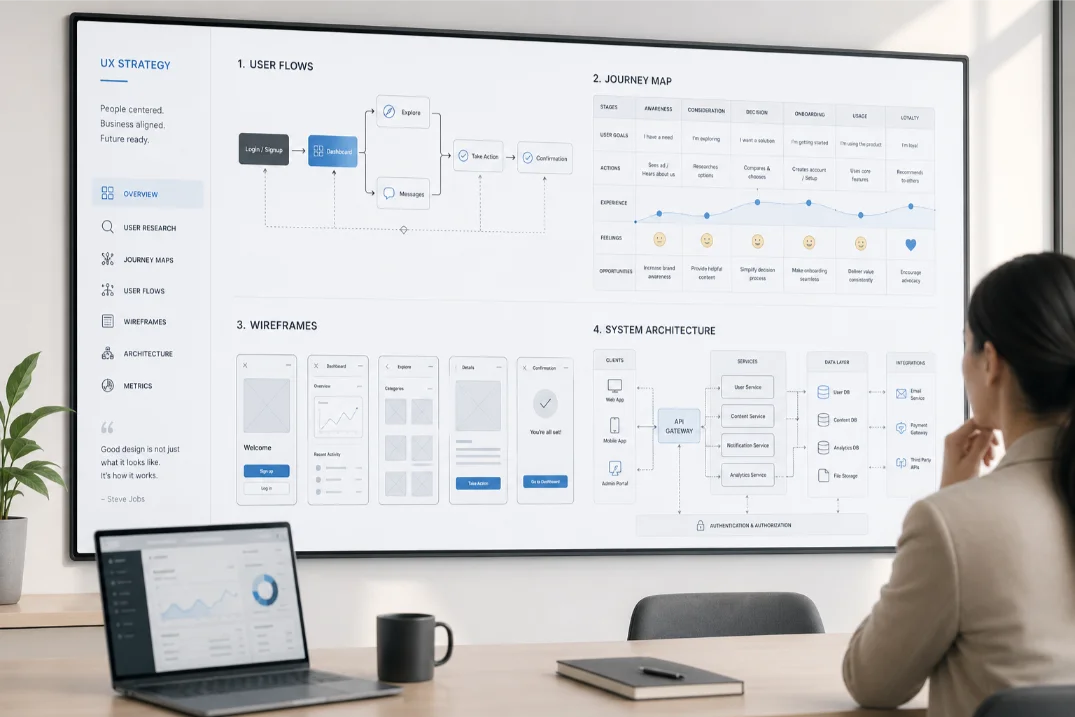 UX strategy User flows and wireframes, system architecture
