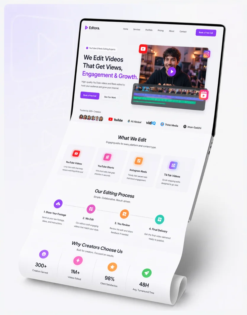 Video editor Website mockup 3d light theme