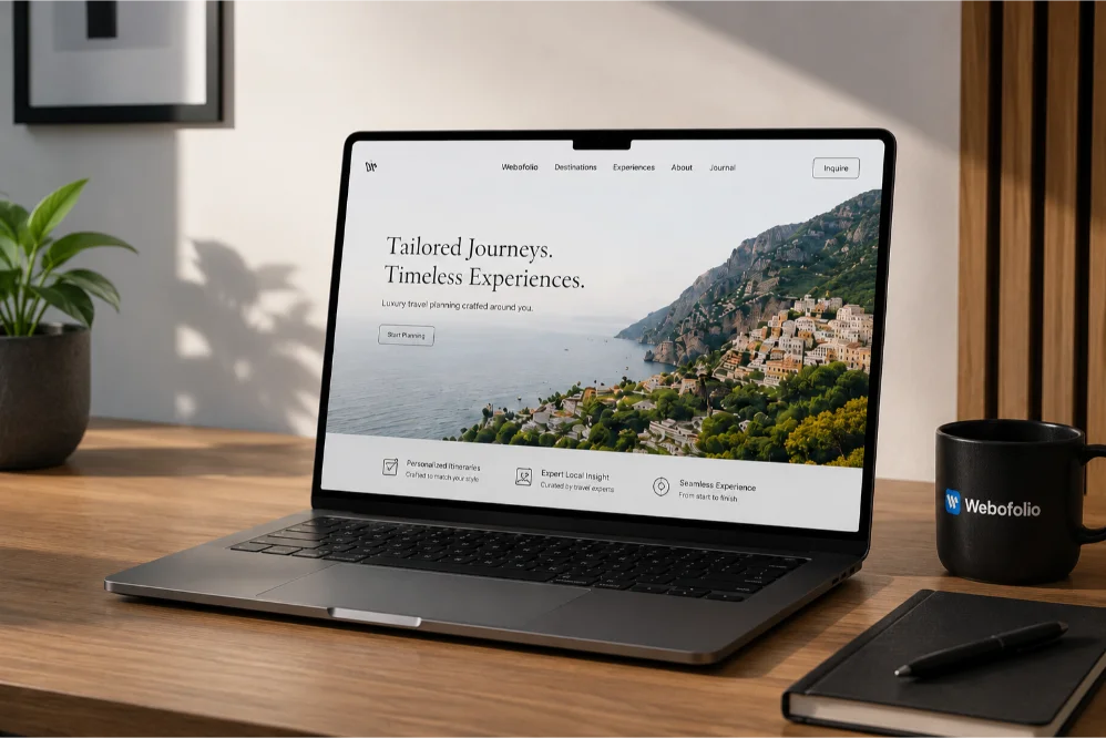 Minimalist workspace with travel website lanch