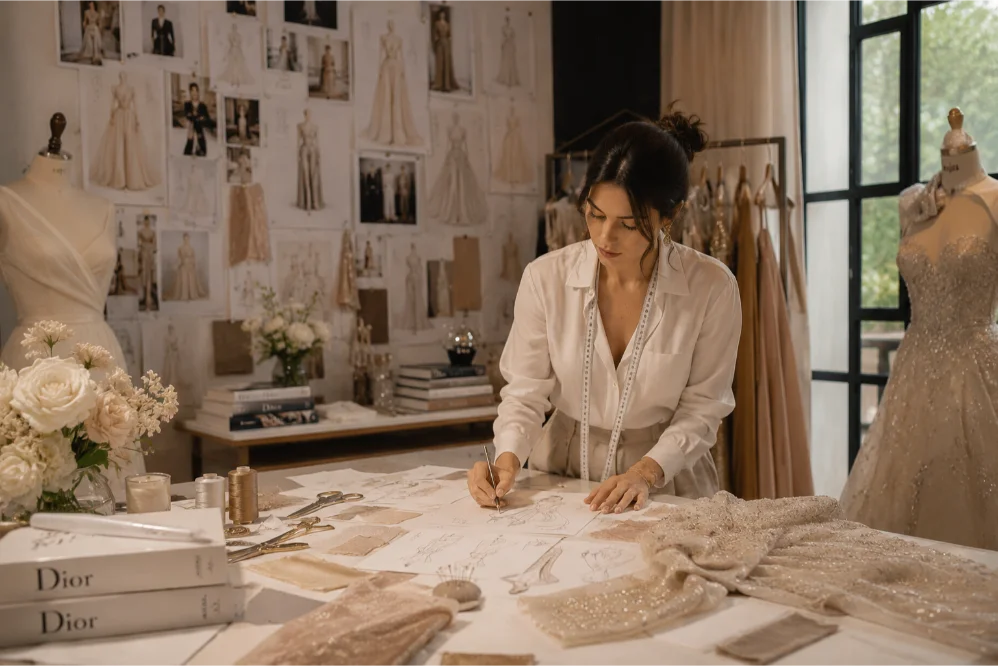 Bridal Fashion designer sketching Wedding dress concepts