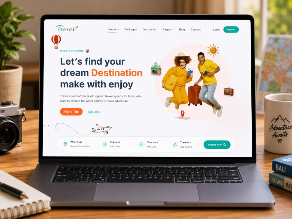 family travel planner web design laptop mockup