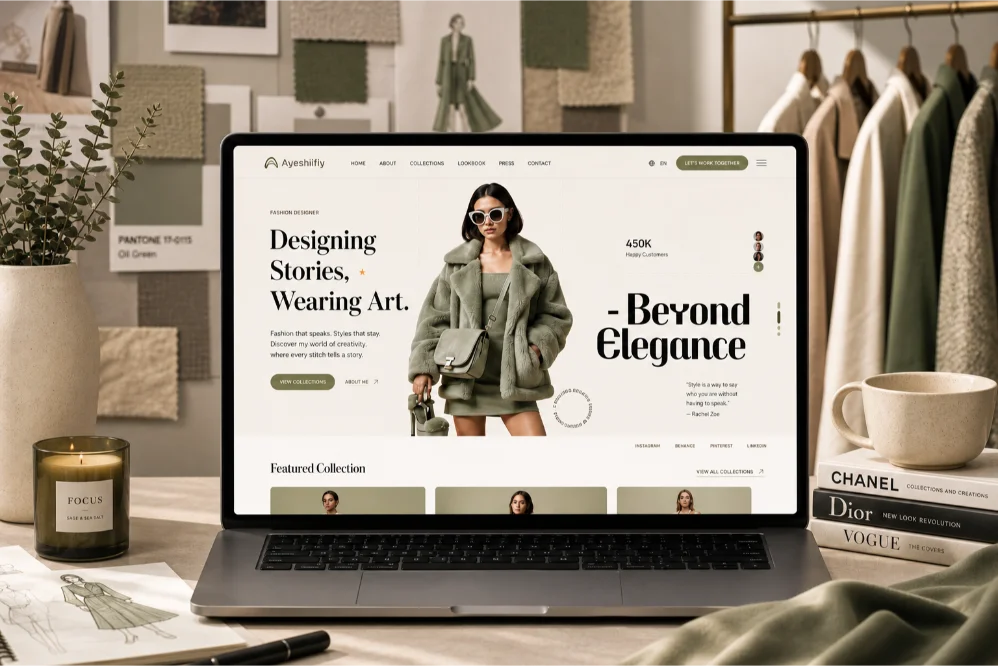 fashion designer portfolio website laptop olive theme atelier