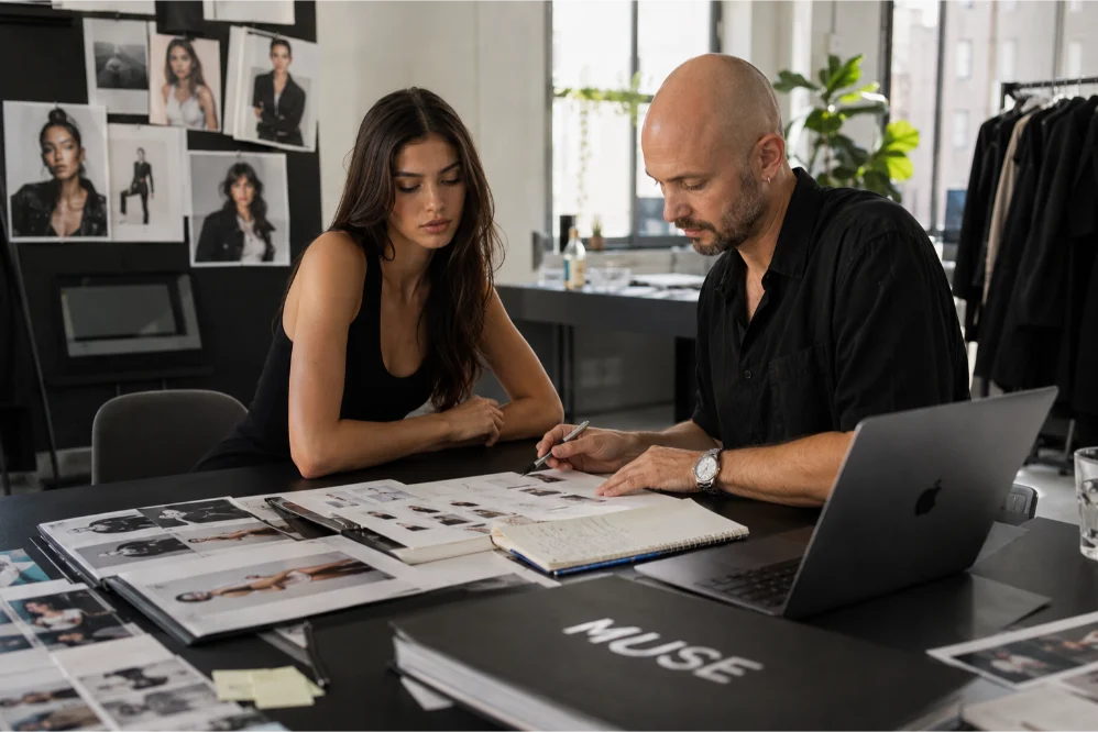 Model model discussing her project