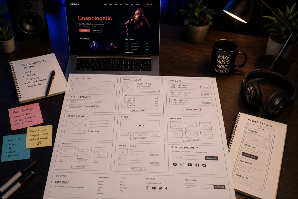 music website wireframing and planning
