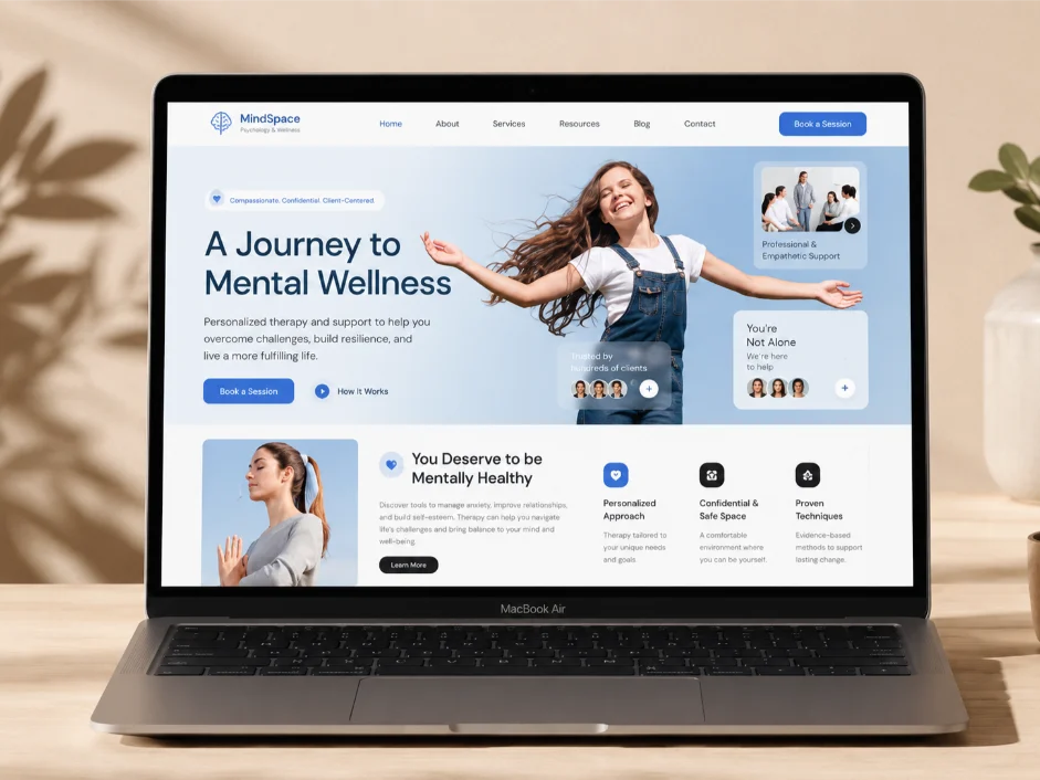 psychologist mental health website on MacBook Air mockup