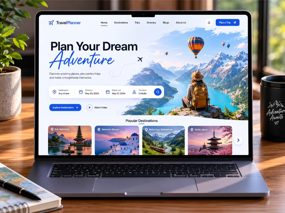 travel planner website laptop mockup