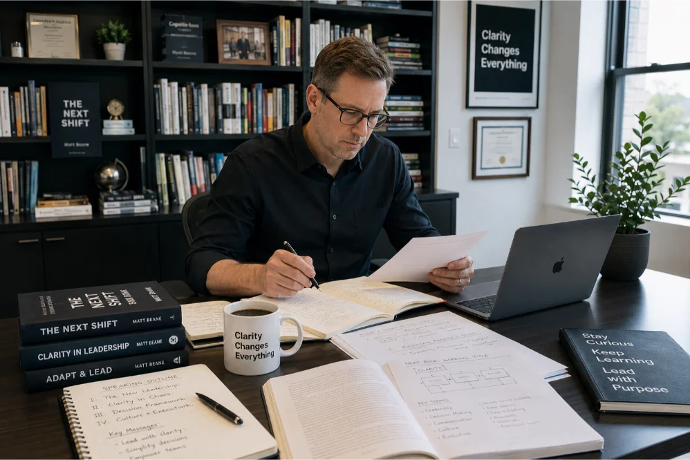 Author doing focused work in a modern office