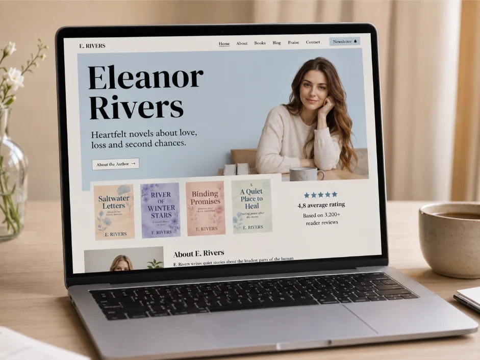 Author website with cozy creative workspace background