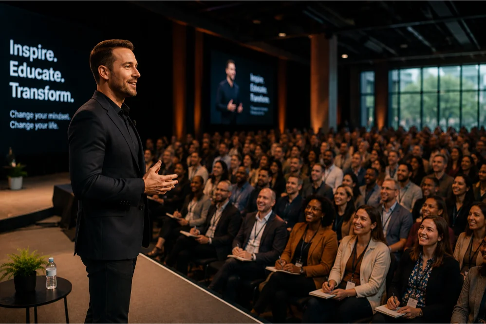 Motivation speaker keynote speech in vibrant auditorium