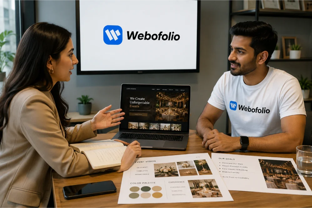 event planner sharing her website vision and work with Webofolio Sales guy